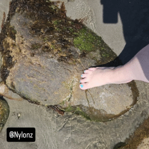Bare feet with aqua nail polish toes on the beach